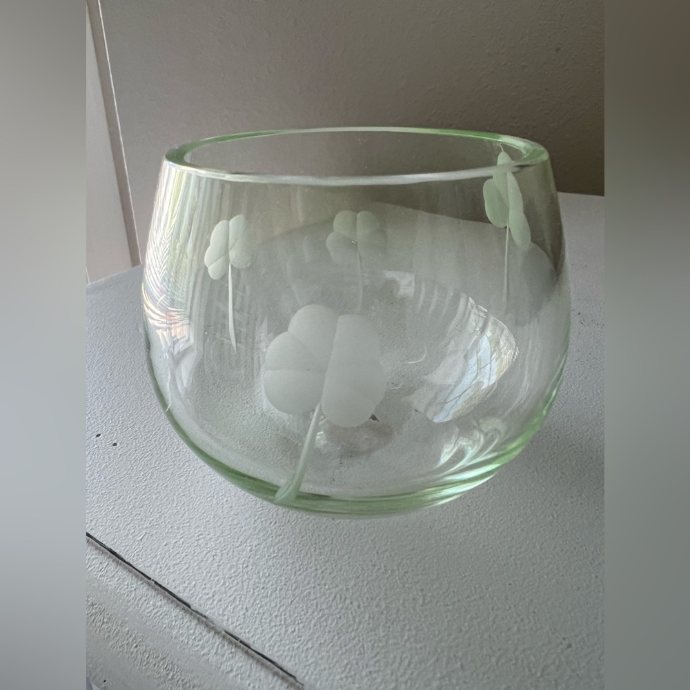 Irish Glass Tealight Votive Candleholder Shamrocks Clover | Etched | Signed.